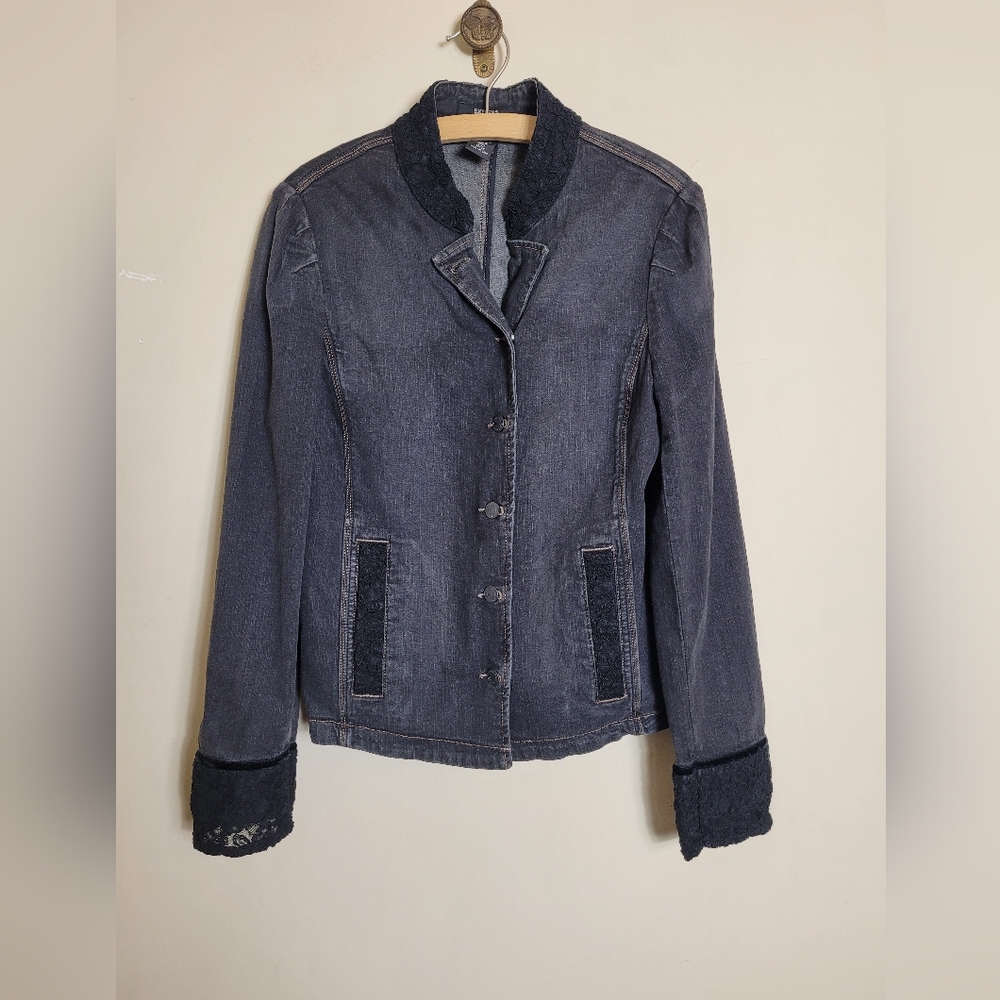 Vintage Express Black Stretch Denim Jacket with Lace Trim 11/12